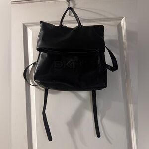 DKNY Black Faux Leather Fold-Top Backpack